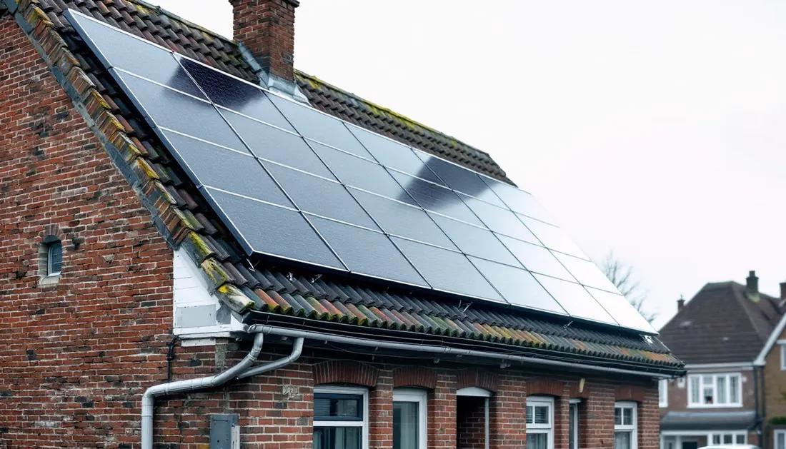 Zonnepanelen geplaatst op het hellende dak van een Vlaamse woning